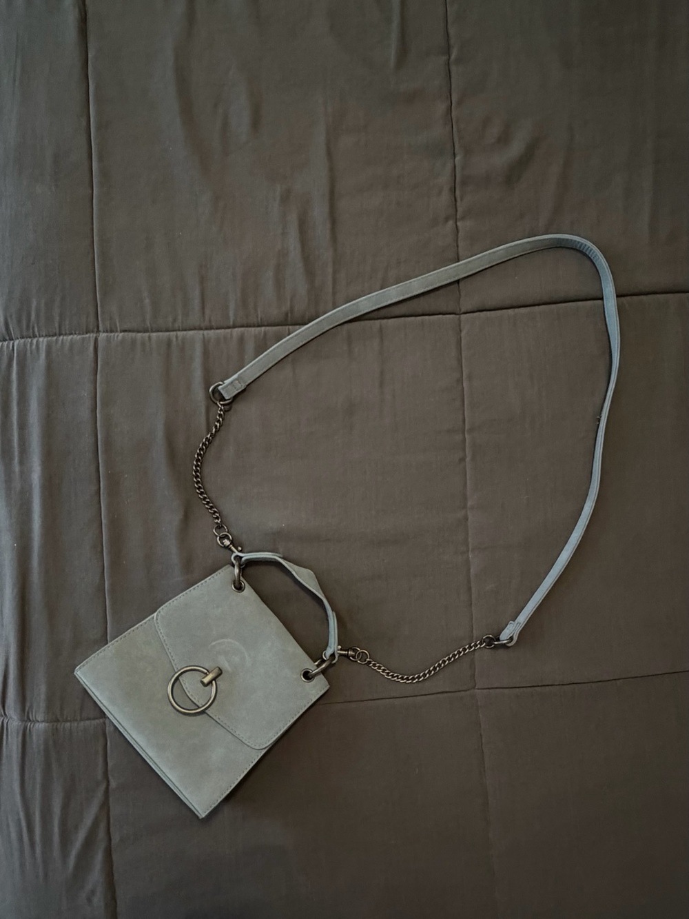 Gray Blue Suede Crossbody Bag with Ring Accent